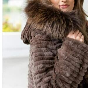 Blue Duck Rabbit Fur Puffer Coat Fox Trim Reversible*